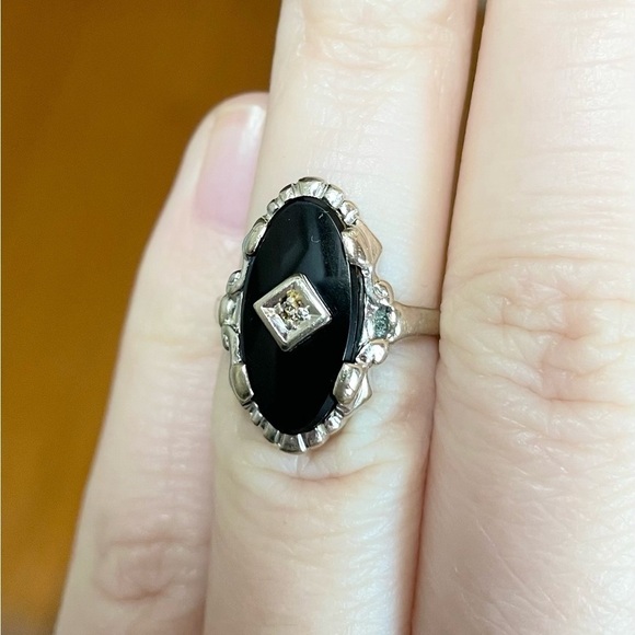 14k onyx art deco style black Cabochon white gold vintage size 4 ring - Picture 3 of 9